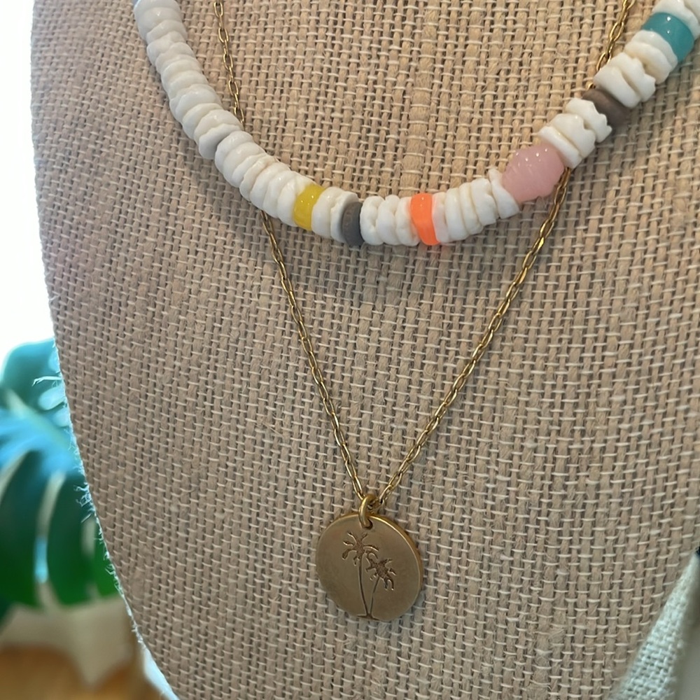 Madewell Palm Tree Beach Find Layered Necklace Set Coin Pendant Puka shell beads - Picture 7 of 10